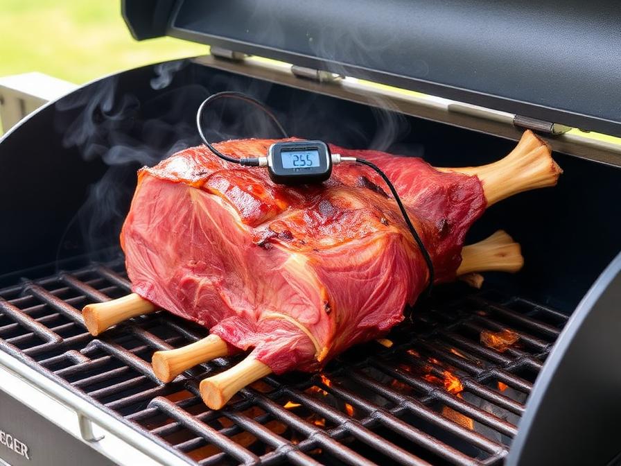 Prime rib roast smoking on Traeger pellet grill at 225 degrees with probe thermometer