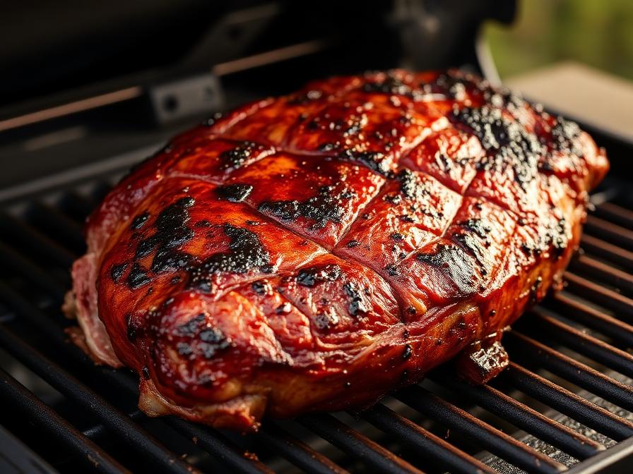 Prime rib roast searing on Traeger with crispy mahogany crust