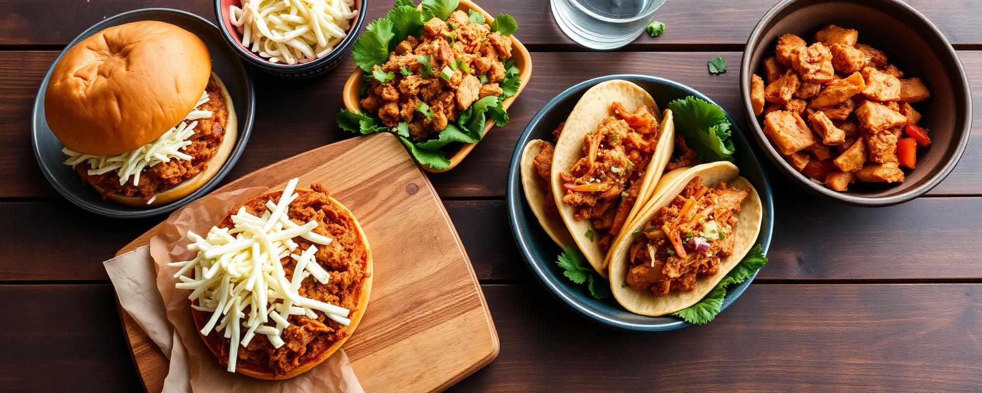 Smoked pulled chicken served as sandwich, tacos, and meal prep bowls