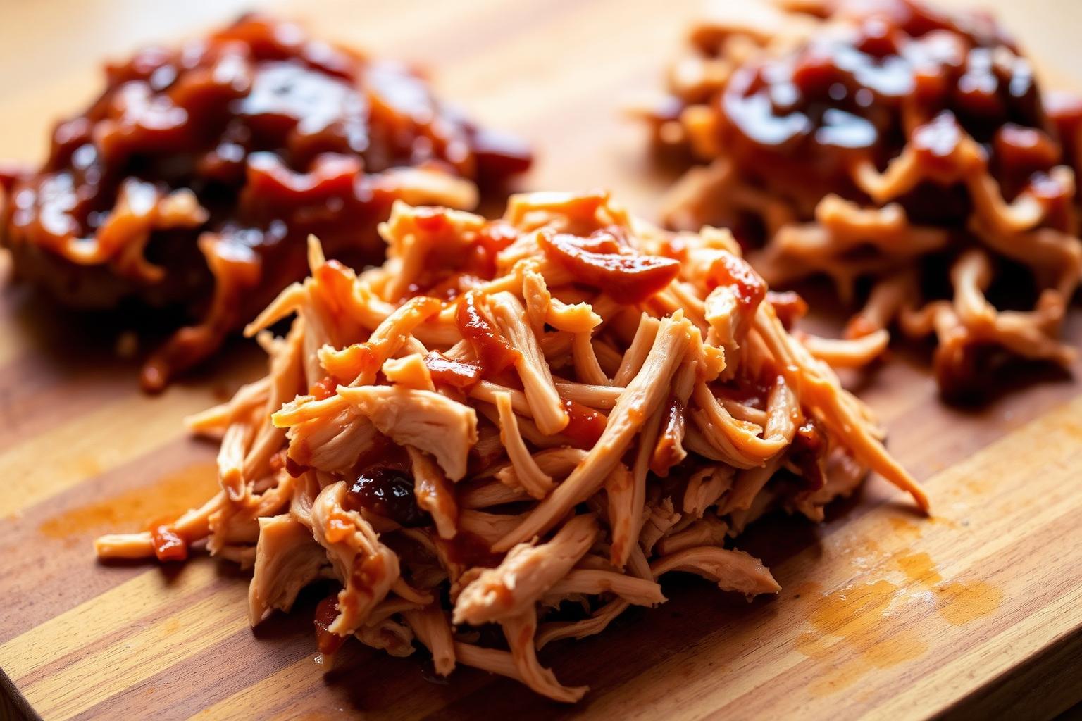 Smoked pulled chicken shredded with BBQ sauce on cutting board