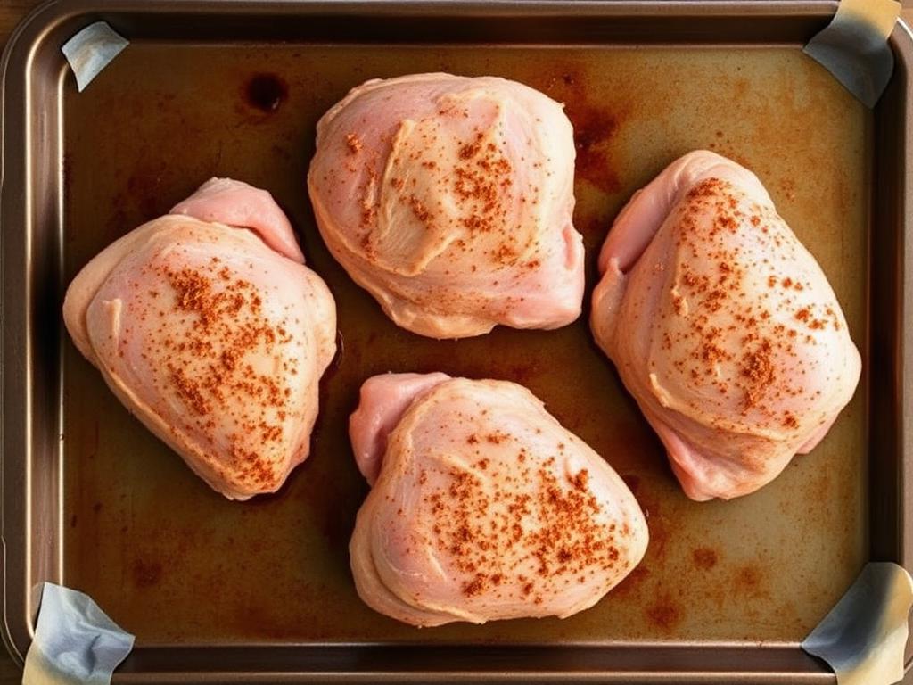 Bone-in chicken thighs seasoned with dry rub on baking sheet ready for smoking