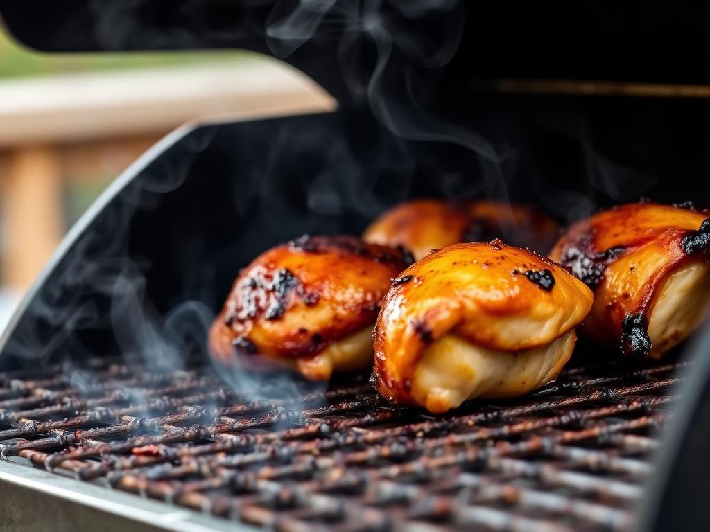 Chicken thighs smoking on Traeger pellet grill at 225 degrees with developing color