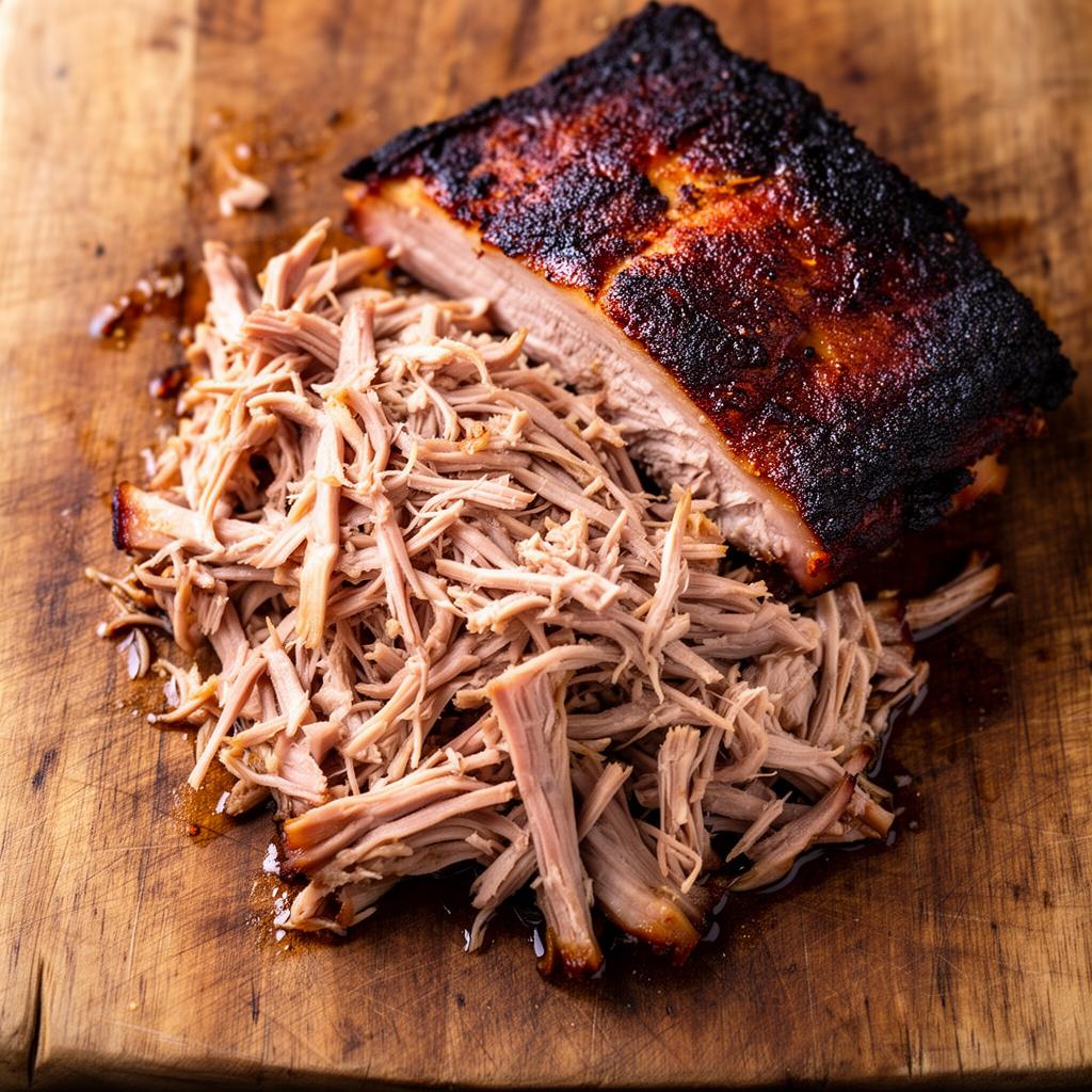 Smoked pulled pork piled high on a serving board