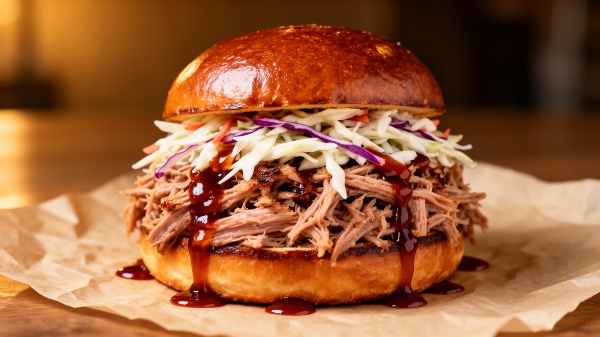Pulled pork sandwich on brioche bun with coleslaw and BBQ sauce