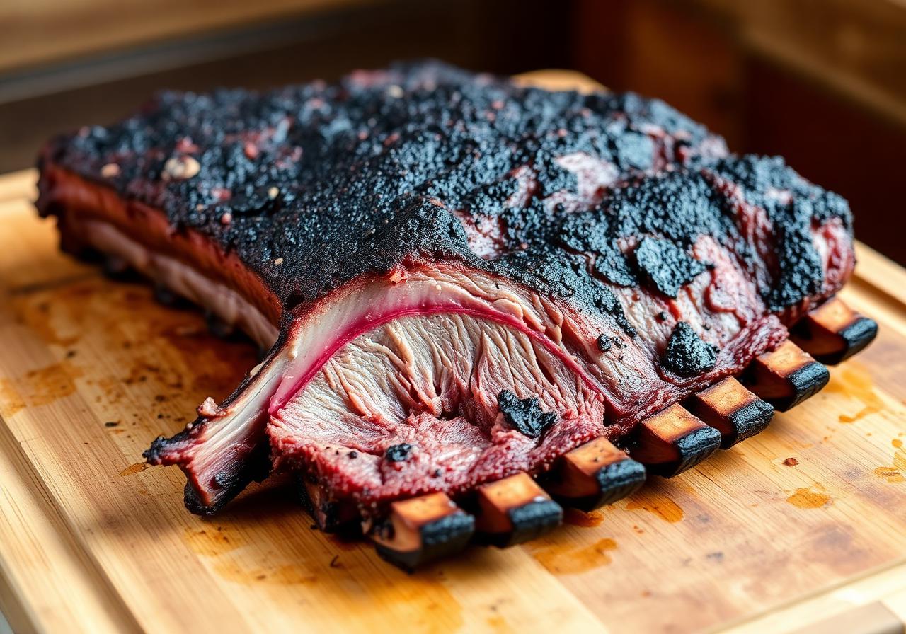 Smoked Texas-style beef plate ribs with bark