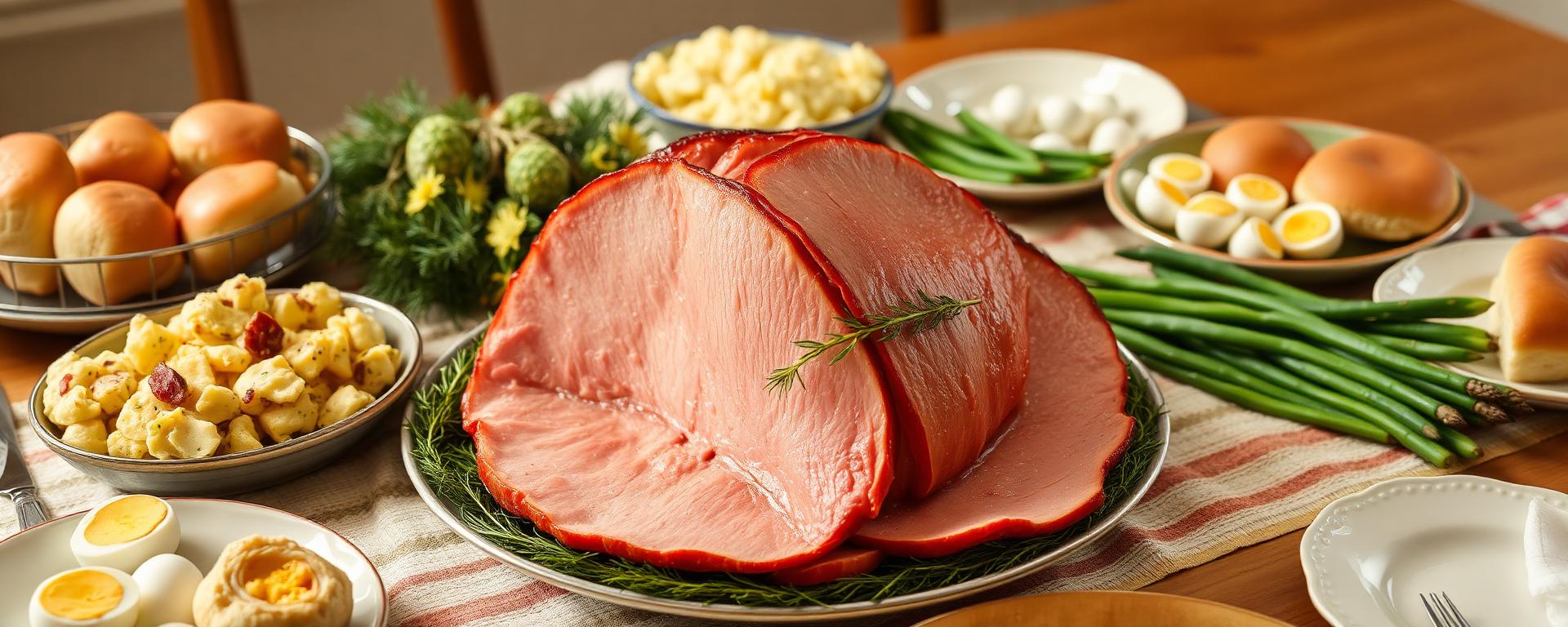 Glazed double-smoked ham served with traditional Easter sides on holiday table