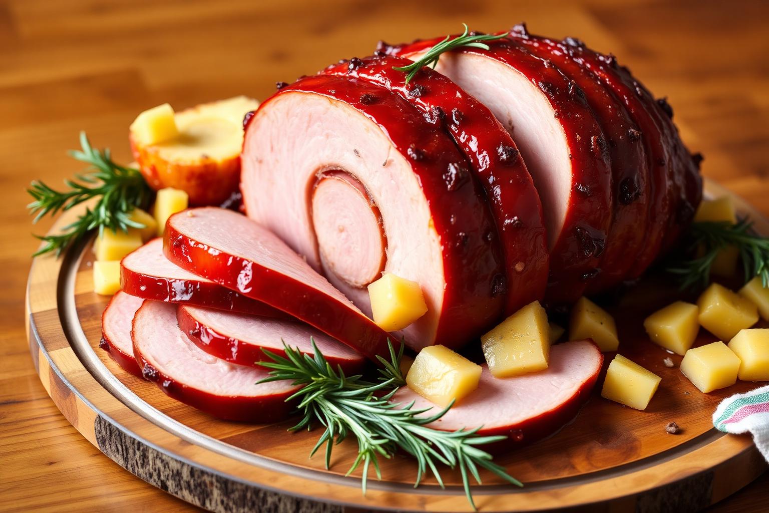 Double-smoked spiral ham with caramelized pineapple-bourbon glaze on a serving platter