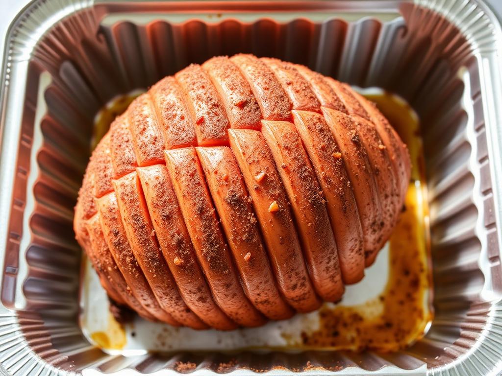 Spiral cut ham coated with mustard binder and BBQ rub in aluminum tray