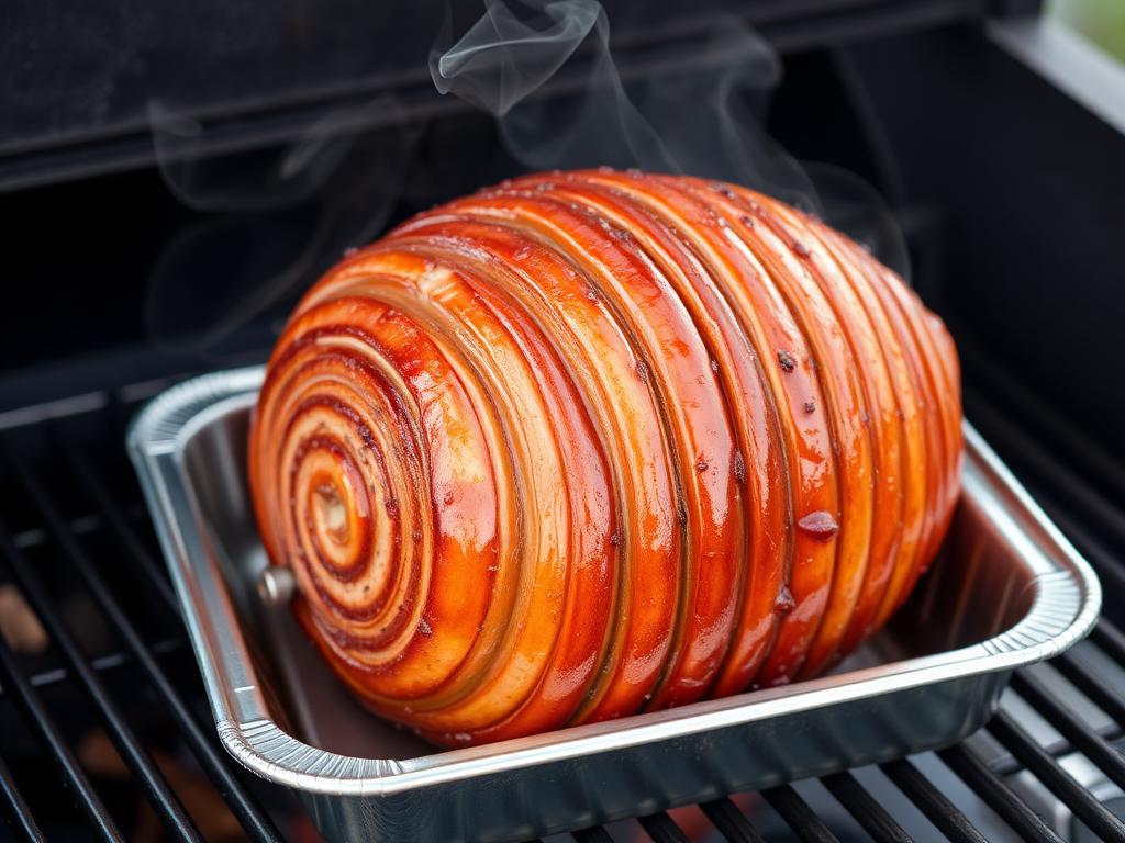 Spiral ham smoking on pellet grill in aluminum tray developing color