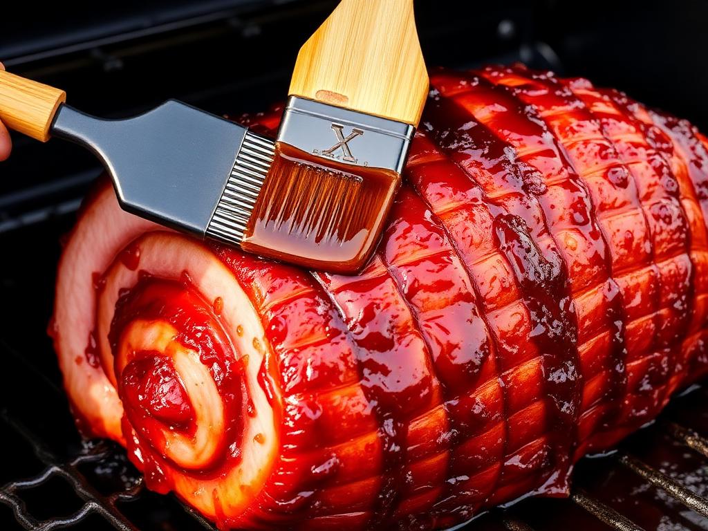 Spiral ham being basted with sticky pineapple glaze on the smoker, beautiful caramelized mahogany crust