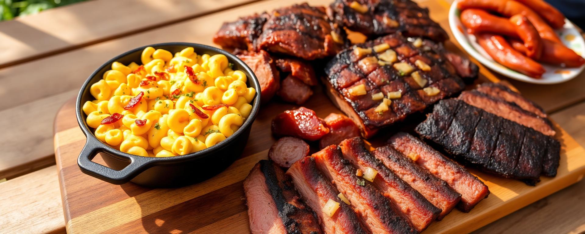 Smoked mac and cheese served alongside pulled pork, beef ribs, and BBQ proteins