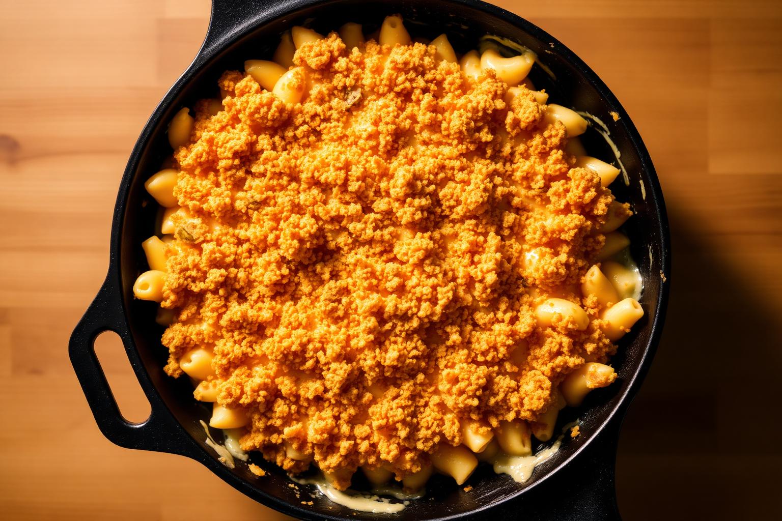 Smoked mac and cheese in cast iron skillet with golden crispy panko topping