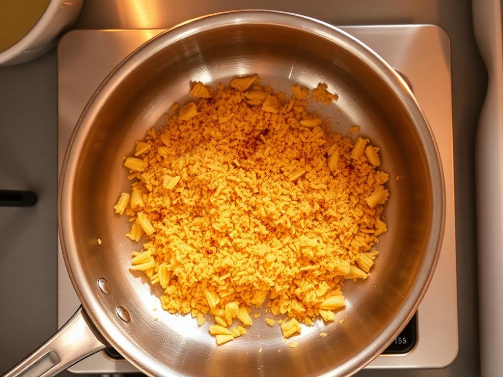 Pre-toasted panko breadcrumbs in skillet with butter for mac and cheese topping