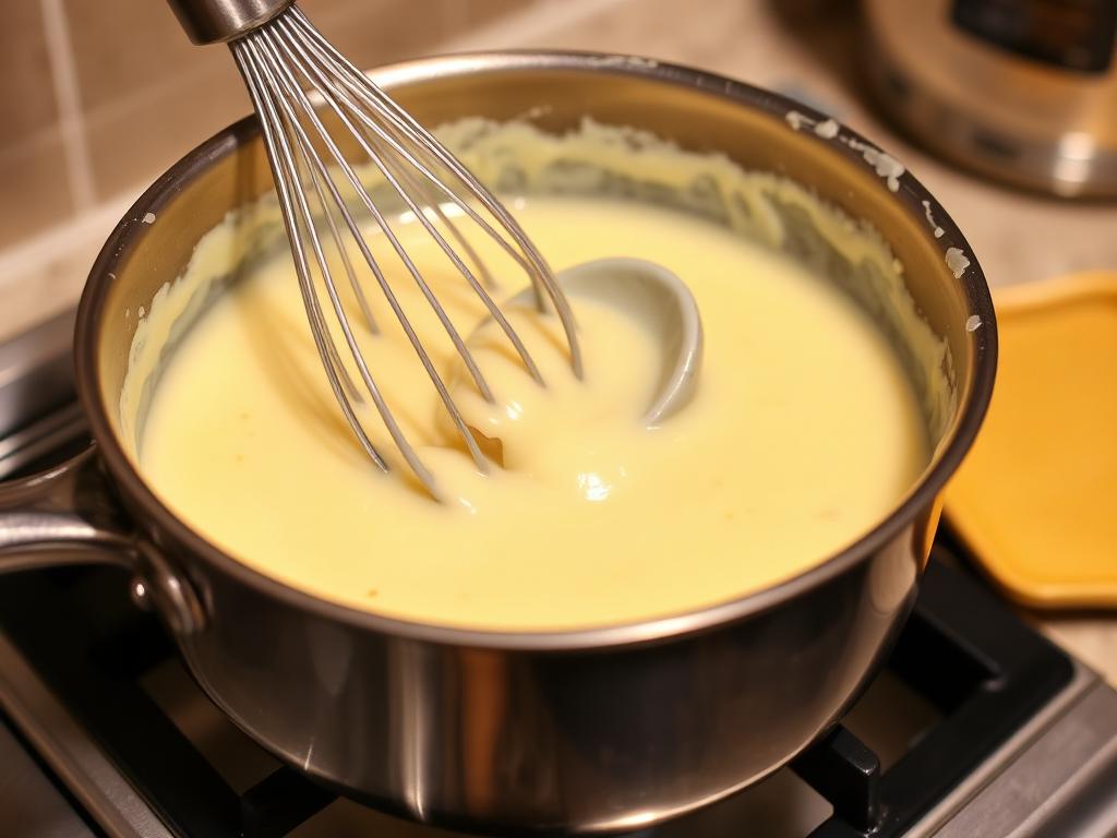 Three-cheese béchamel sauce for smoked mac and cheese being whisked in saucepan