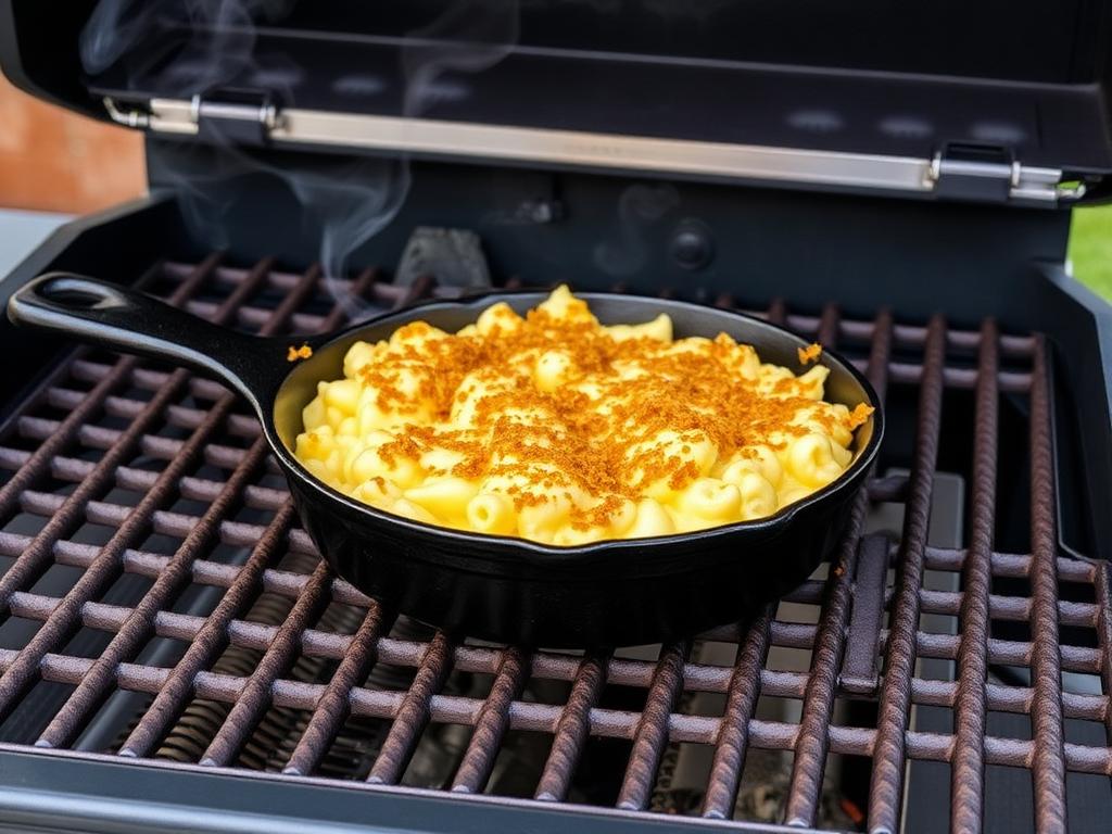 Cast iron skillet of mac and cheese smoking on Traeger pellet grill