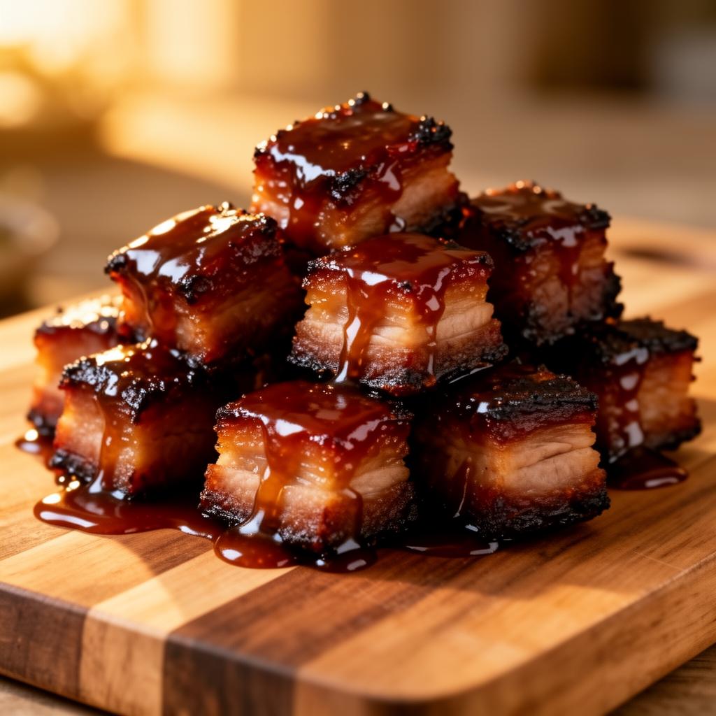 Glazed pork belly burnt ends in a sticky BBQ sauce