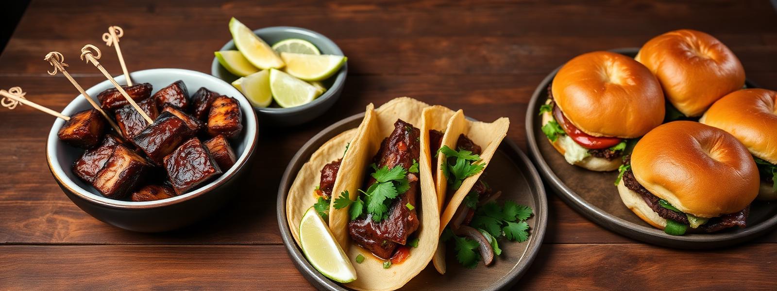 Pork belly burnt ends served multiple ways including tacos, sliders, and platters
