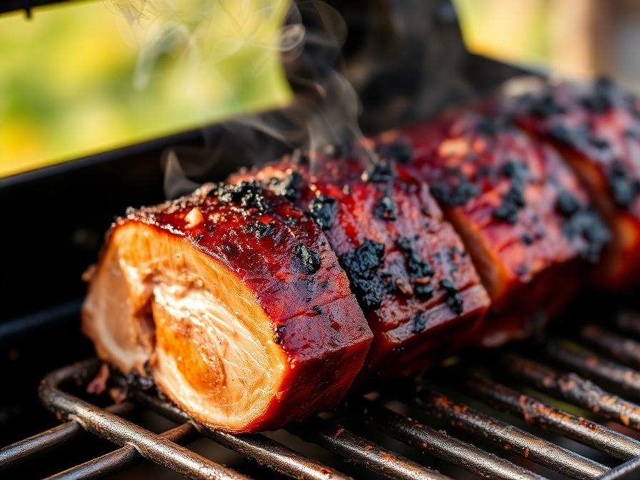 Pork belly cubes smoking on pellet grill with mahogany bark formation