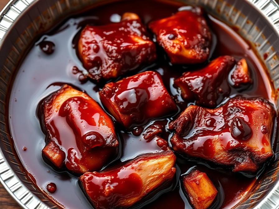 Glazed pork belly burnt ends in aluminum pan with sticky BBQ sauce