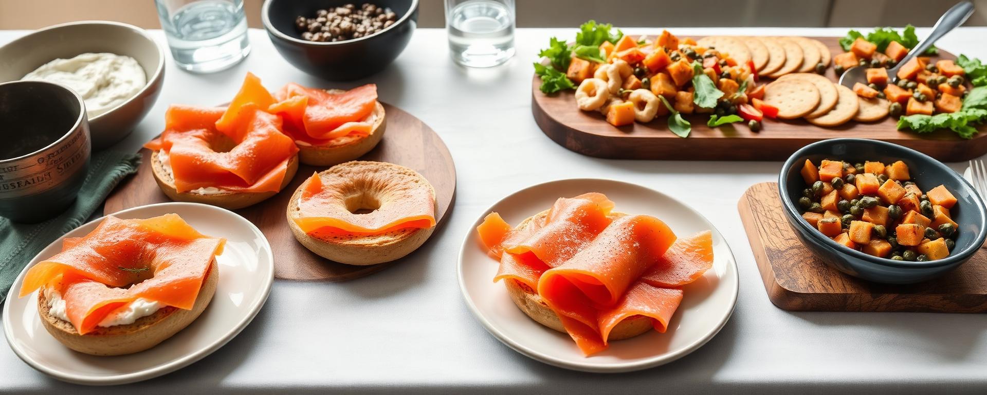 Smoked salmon served multiple ways including bagels, salads, and charcuterie boards