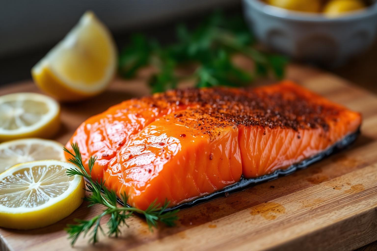 Hot-smoked salmon fillet with crispy pellicle and golden mahogany color
