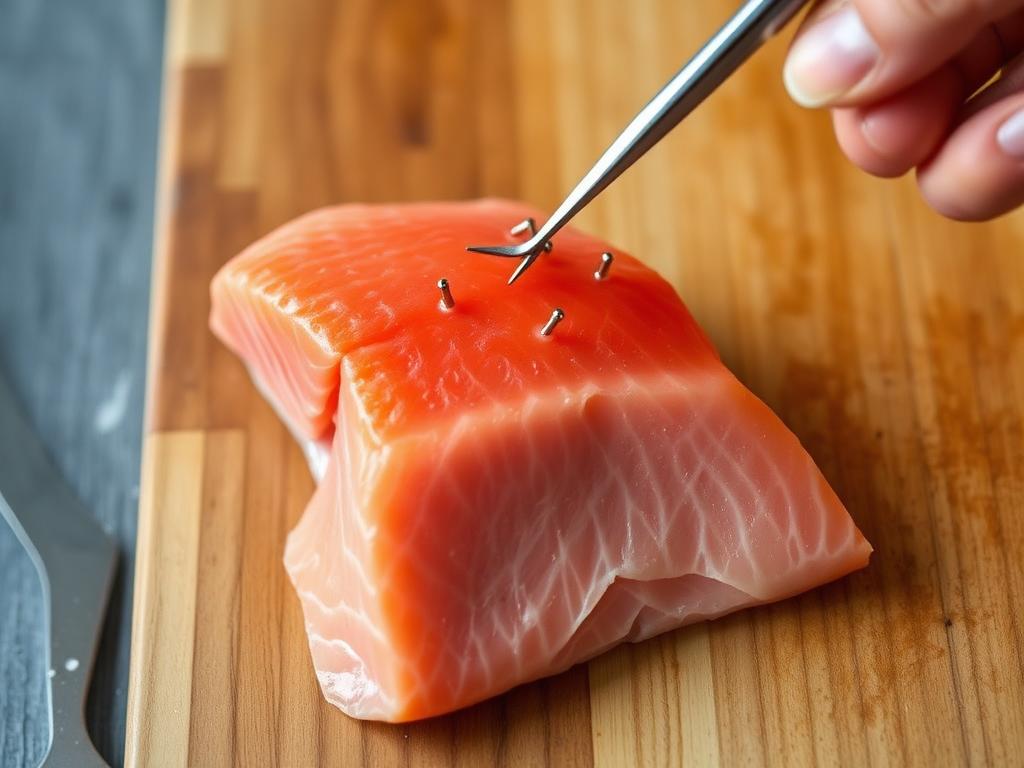 Raw salmon fillet with pin bones being removed before brining
