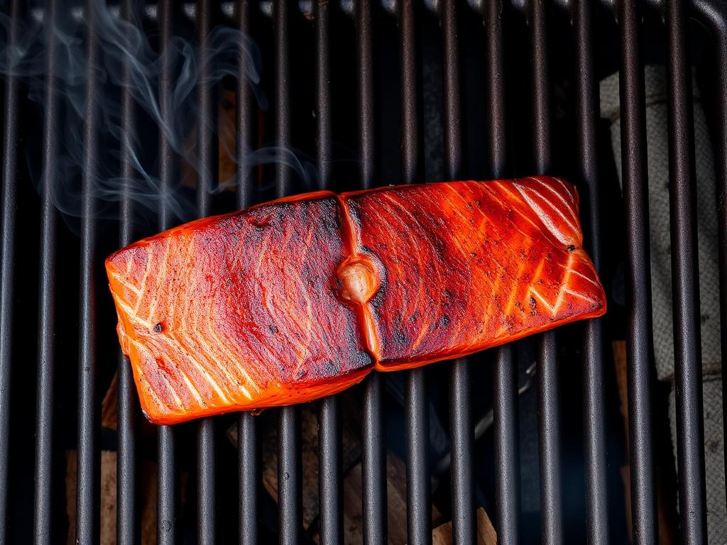 Salmon fillet smoking on pellet grill with wood smoke visible