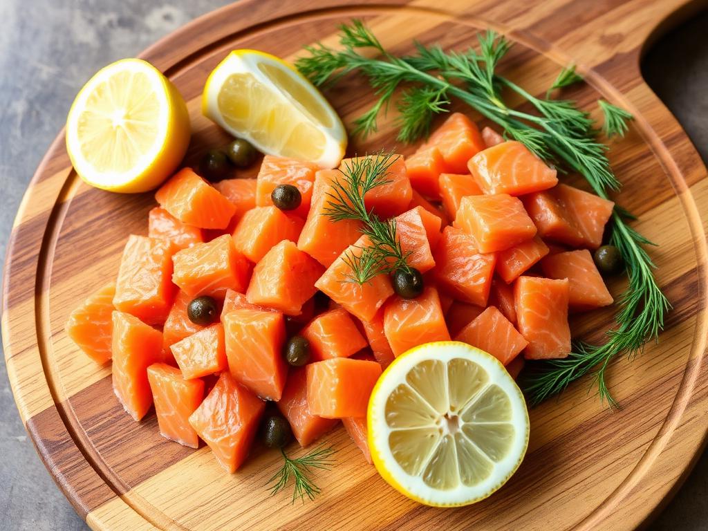 Hot-smoked salmon flaked on cutting board with lemon and herbs ready to serve