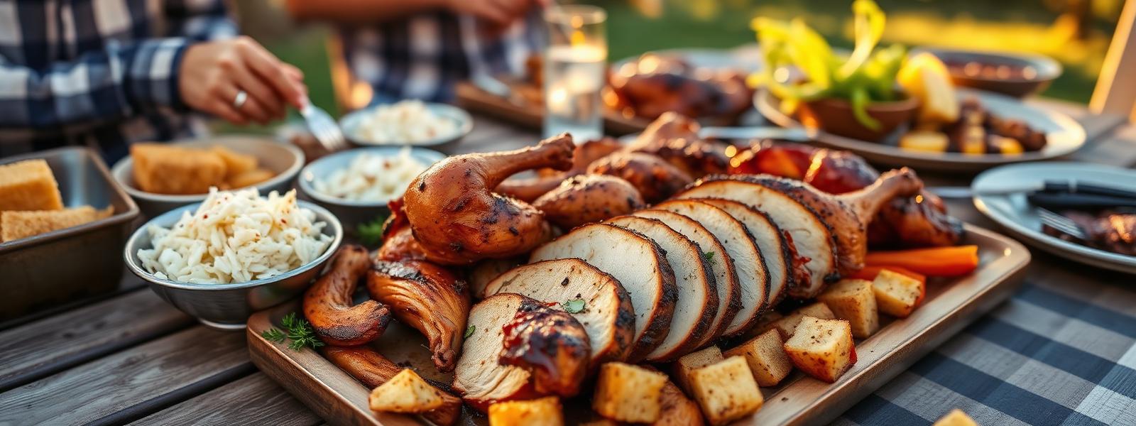 Smoked spatchcock chicken served with traditional BBQ sides
