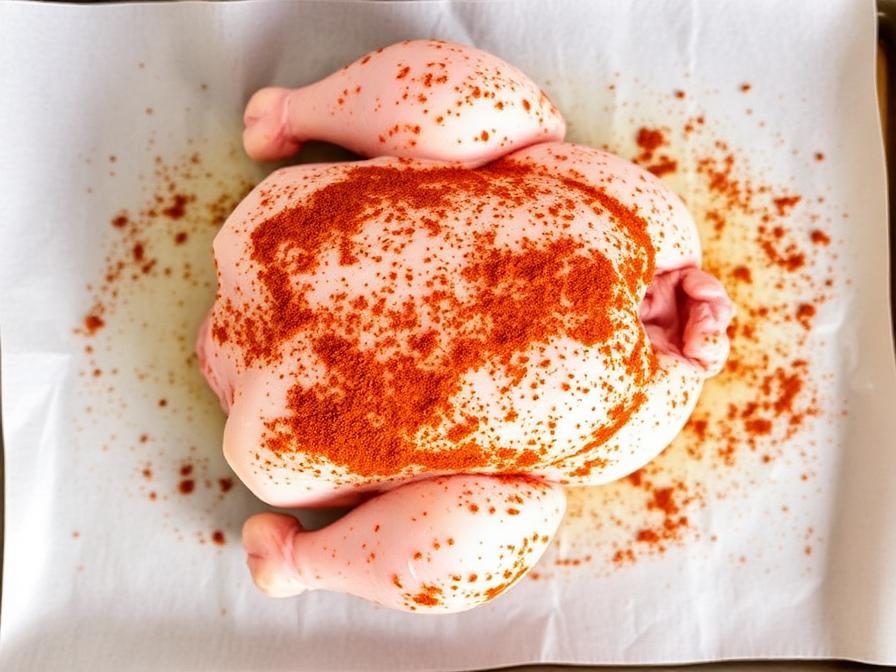 Spatchcocked chicken seasoned with dry rub on baking sheet