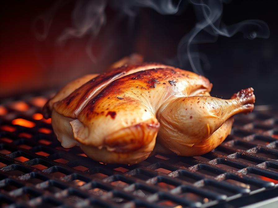 Spatchcocked chicken smoking on pellet grill with developing color