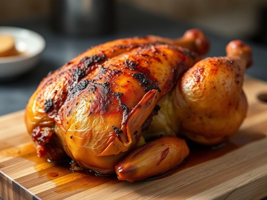 Smoked spatchcock chicken with golden crispy skin ready to pull
