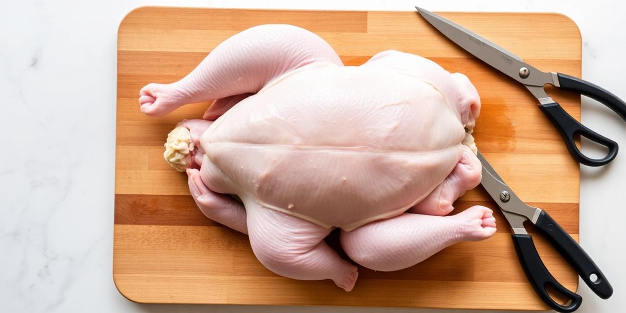Spatchcocked chicken laying flat with backbone removed on cutting board