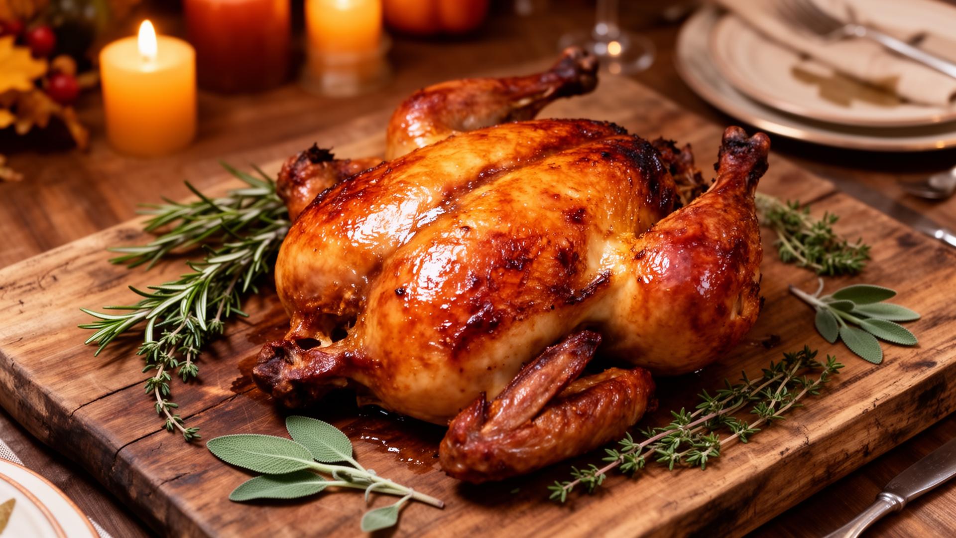 Smoked spatchcock turkey with crispy mahogany skin on a carving board