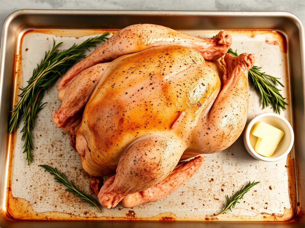 Spatchcocked turkey seasoned with dry rub and herbed butter on baking sheet
