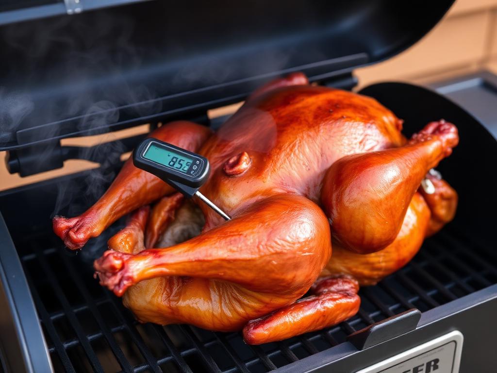 Spatchcocked turkey smoking on pellet grill with developing color