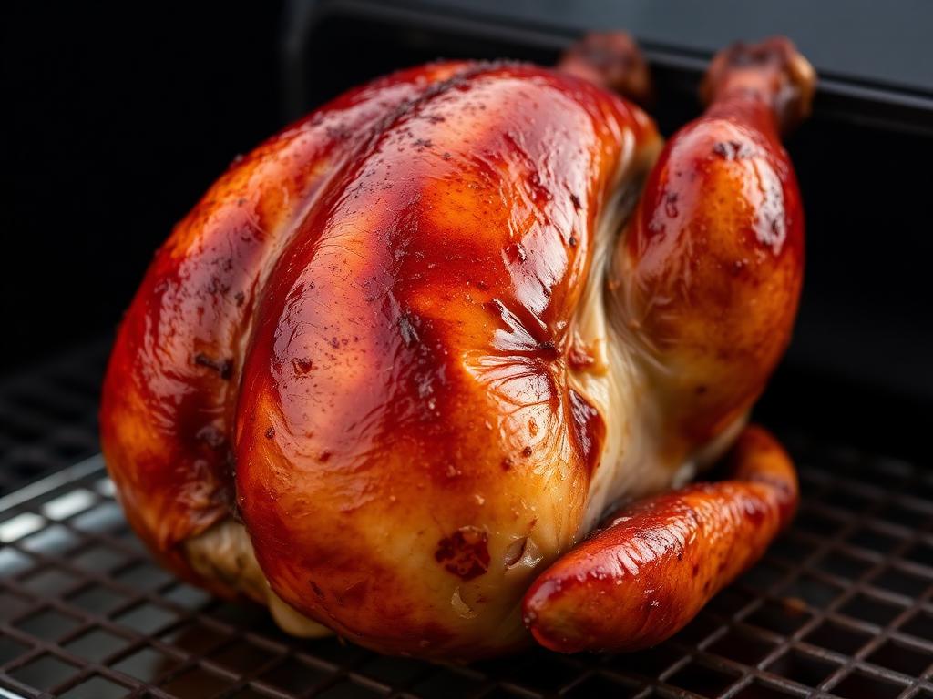 Smoked spatchcock turkey with golden crispy skin ready to pull from grill