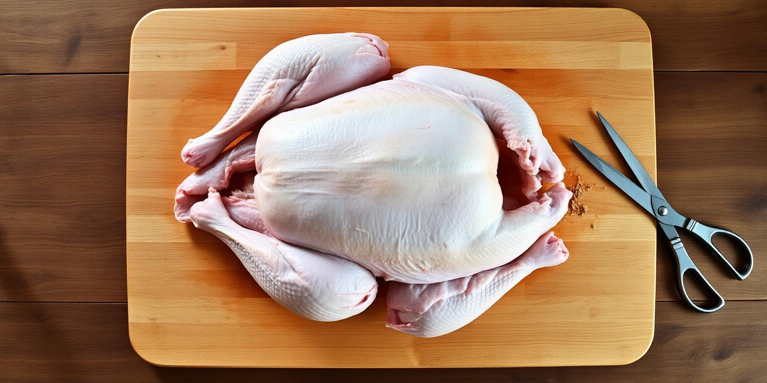 Spatchcocked turkey laying flat with backbone removed on cutting board for Thanksgiving