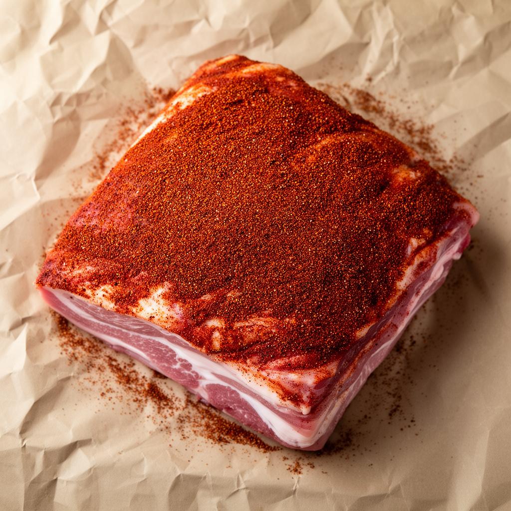 Raw Boston butt pork shoulder coated in dry rub seasoning