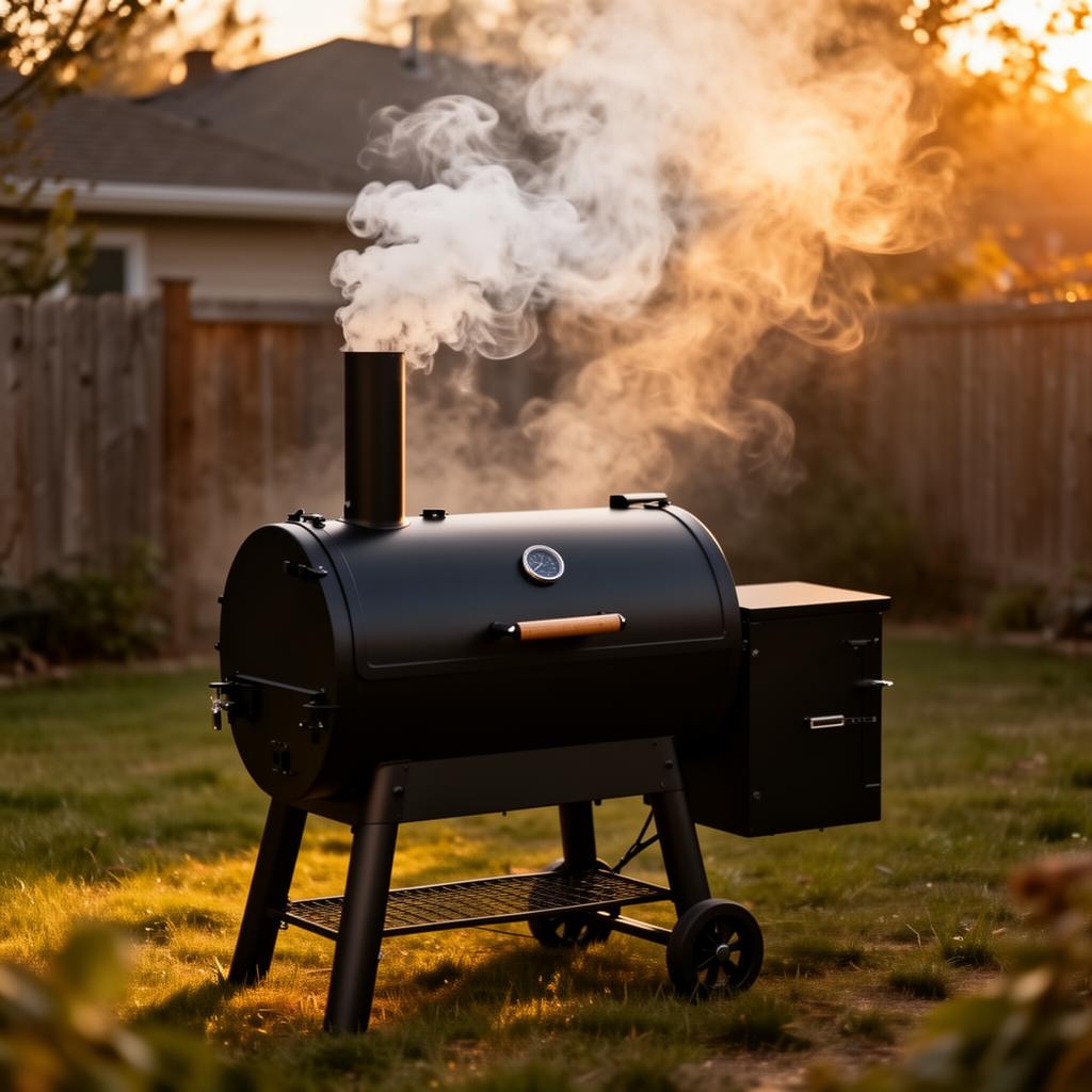 Pellet smoker with visible smoke plume at 225 degrees Fahrenheit