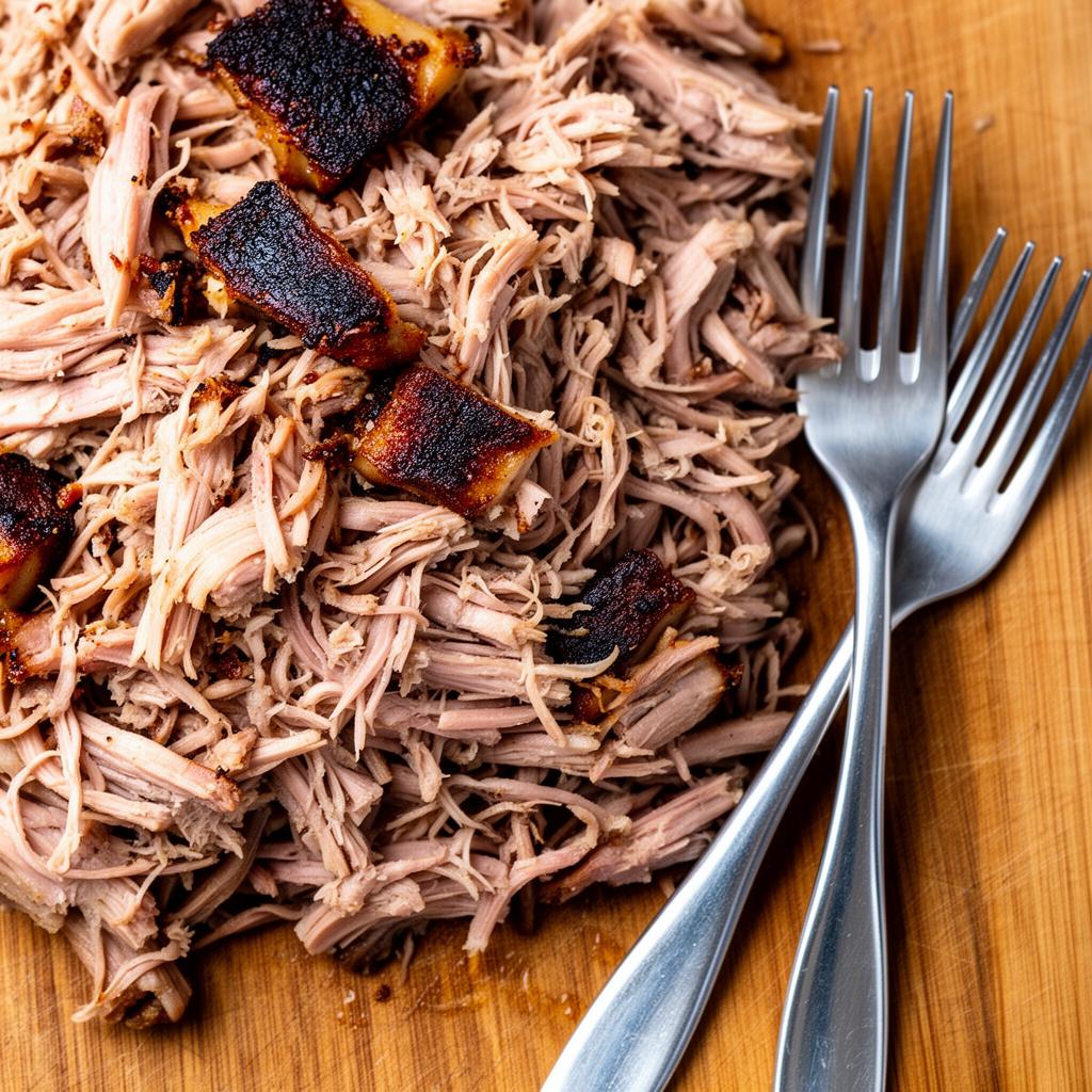 Finished pulled pork shredded with visible bark and juices