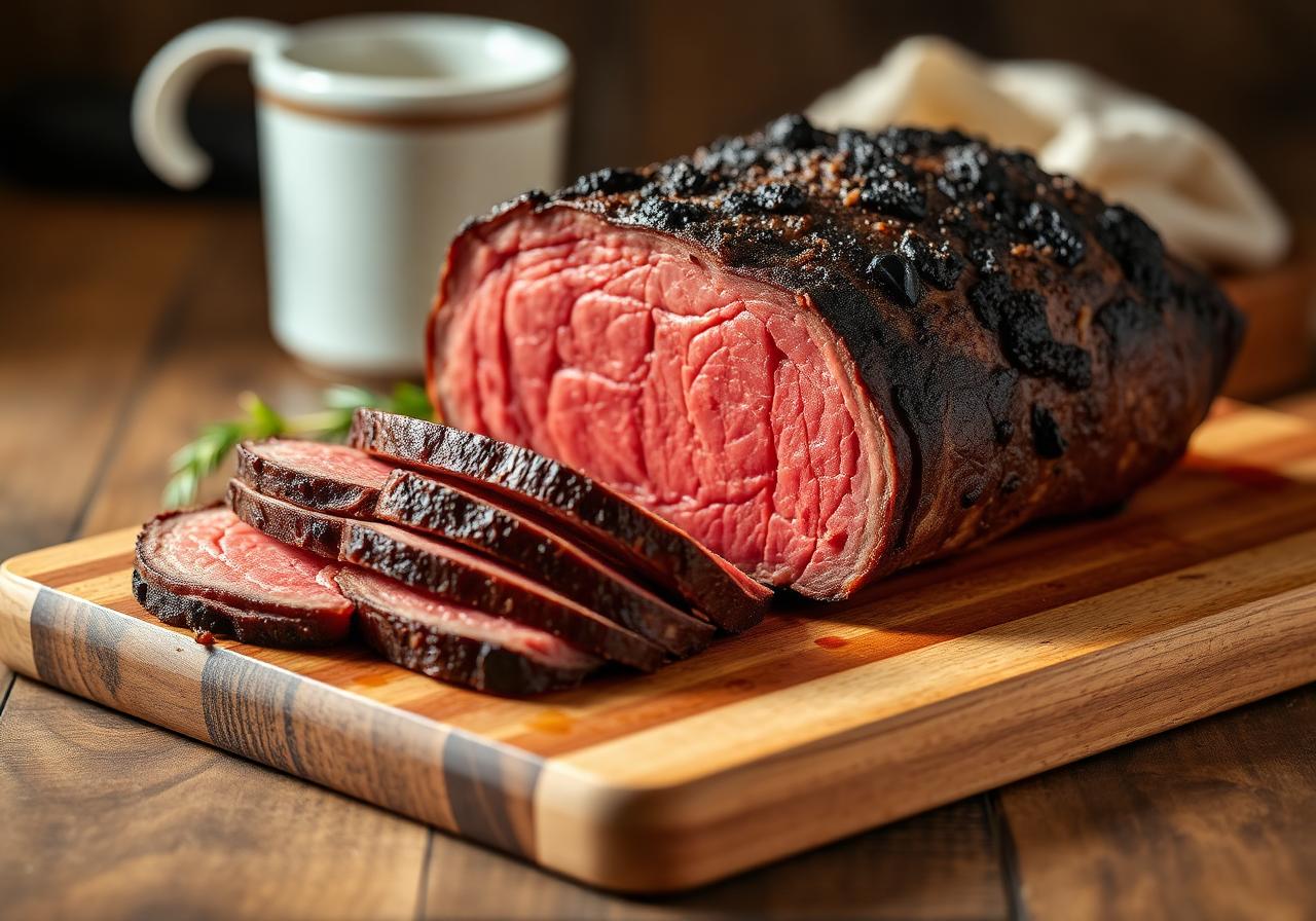 Smoked top round roast sliced thin into deli-quality roast beef on cutting board