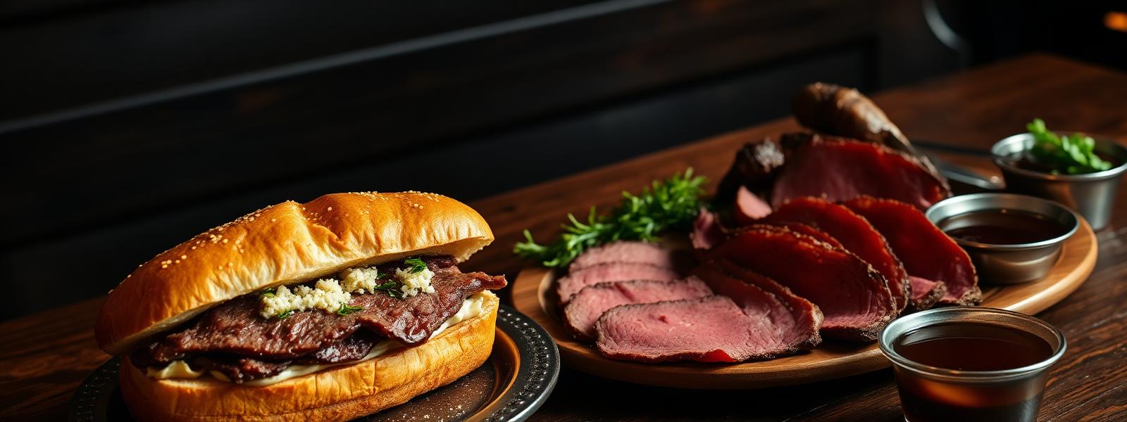 Smoked top round roast beef served as sandwiches and on a platter