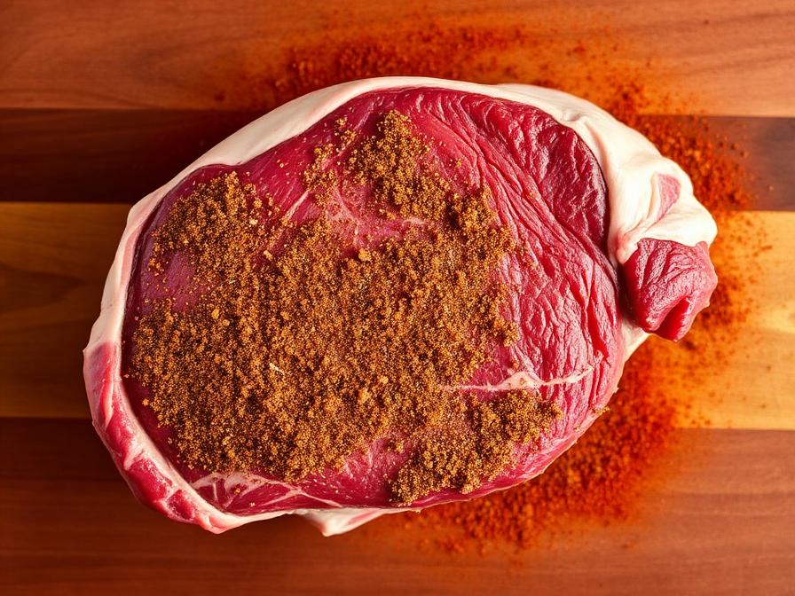 Top round roast seasoned with dry rub on cutting board ready for smoking