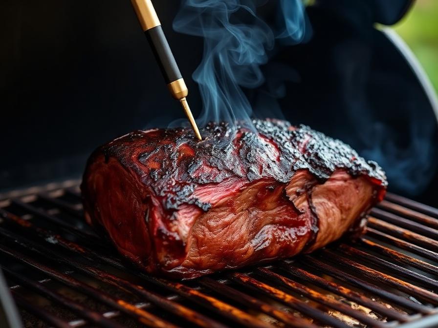 Top round roast smoking on Traeger pellet grill at 225 degrees with developing color