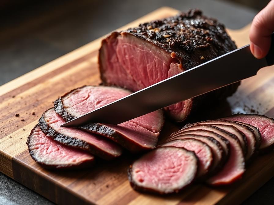 Top round roast being sliced paper-thin against the grain on cutting board