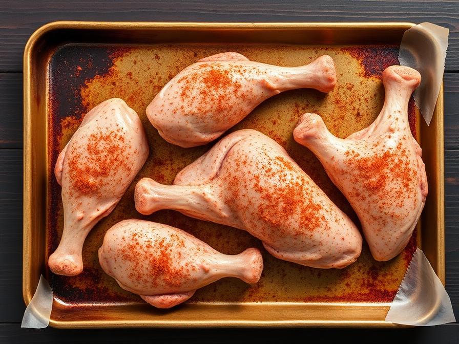 Raw chicken drumsticks patted dry on a tray before seasoning