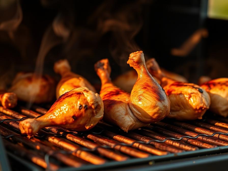 Chicken drumsticks arranged on pellet grill grates with space between each