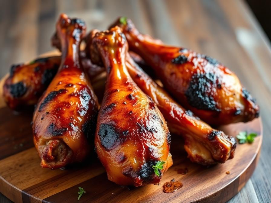 Finished chicken drumsticks with crispy golden-brown skin on a pellet grill