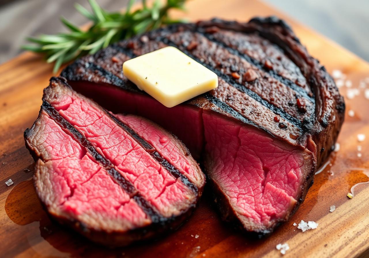 Reverse-seared ribeye steak with crispy crust and medium-rare interior